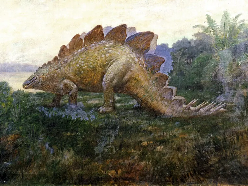 An early 1900s painting of a Stegosaurus walking through ferns, with tall plates on its back