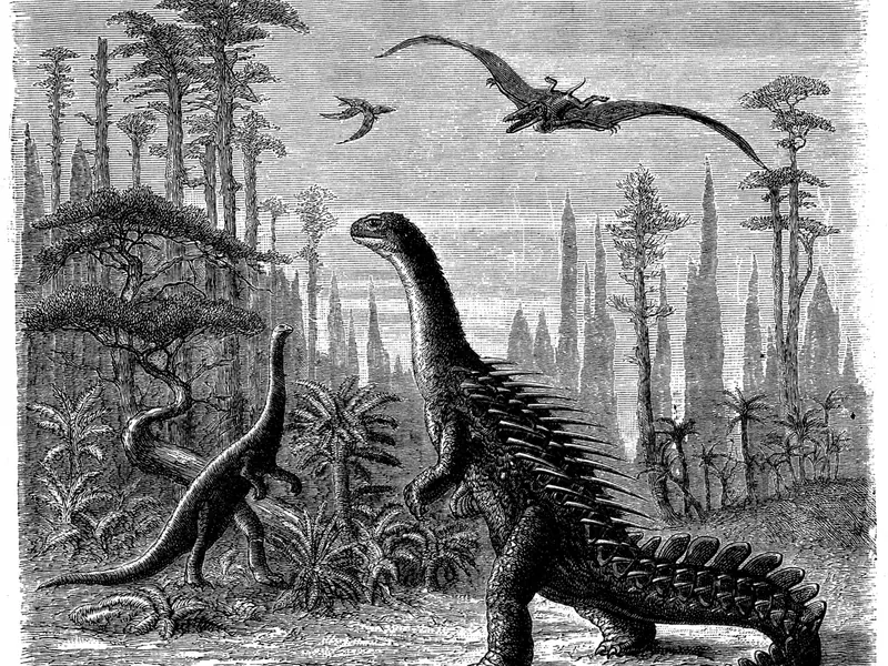 An 1884 engraving of prehistoric animals, including an early Stegosaurus