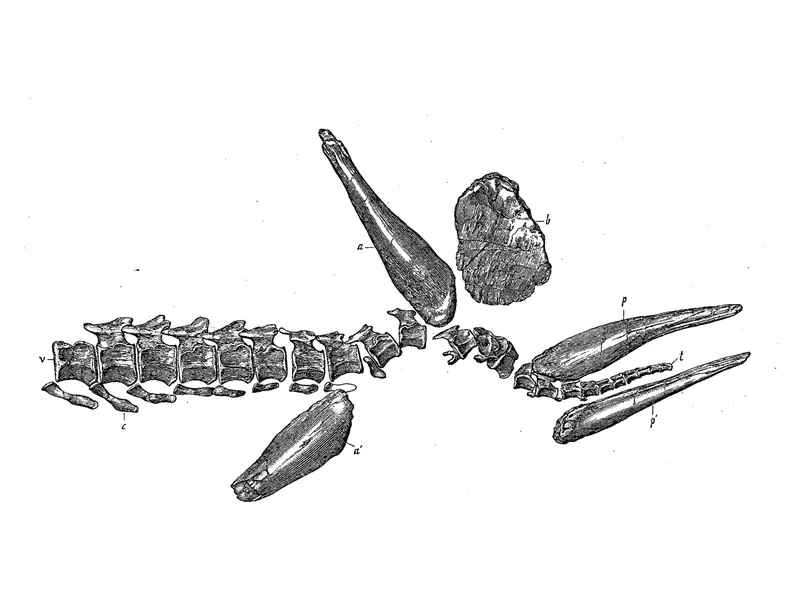 An old scientific drawing of a Stegosaurus tail with bones, plates and four long spikes